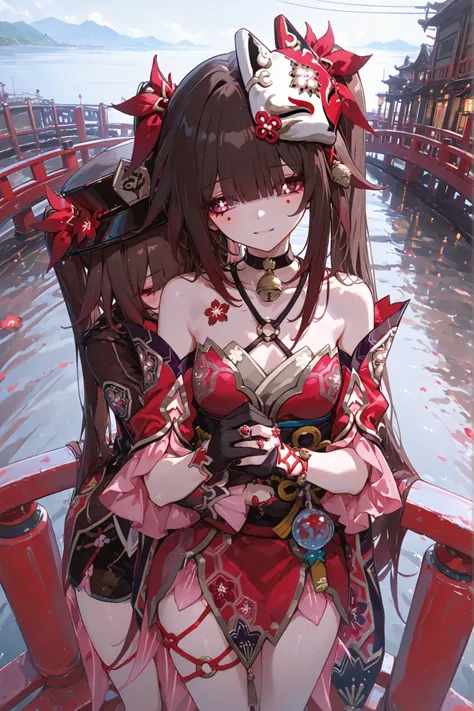 (Masterpiece, best quality, 748cmstyle, two different characters, (2 girls hugging eachother:1), scenery in the back, both standing on one bridge) Character 1: (hutao, long hair, bangs, brown hair, red eyes, hair between eyes, twintails, sidelocks, symbol-...