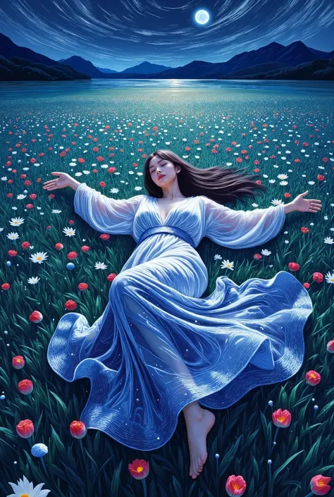 From a swirling, elevated vantage point, a woman lies supine on a vibrant sea of moonlit grass, her arms extended like delicate, pale wings embraced by the night breeze. Her serene face, glowing softly like luminous porcelain, is framed by cascading raven-...