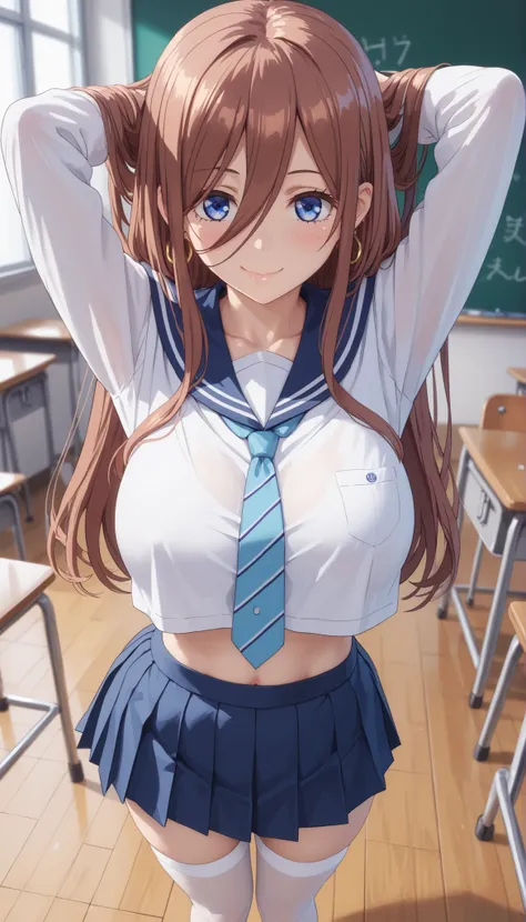 tall girl, fit girl showing lower body,score_9, score_8, score_7_up, score_6, uncensored, 1girl, Nakano Mirai, Long Hair, blue eyes, brown hair, shirt, HAIR BETWEEN EYES, Huge Chest, sailor suit, school_uniform, necktie, white stockings, smile, Keep your m...