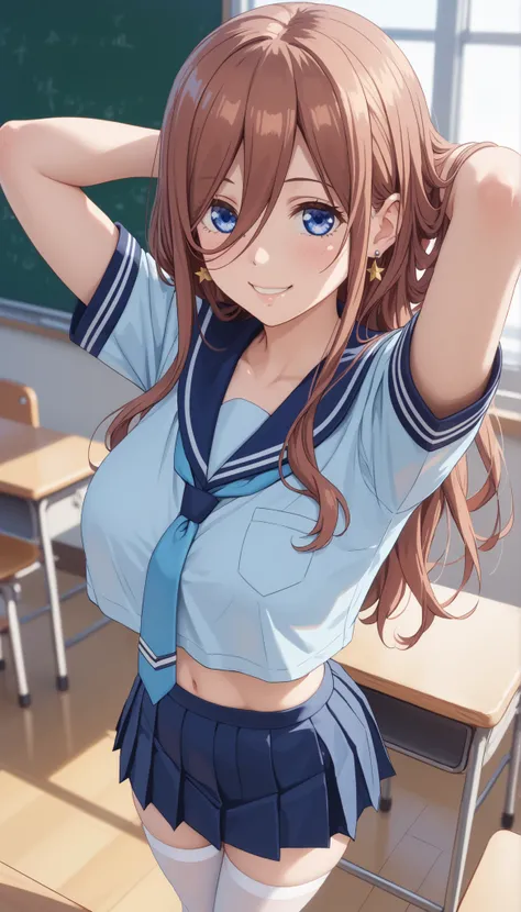 tall girl, fit girl showing lower body,score_9, score_8, score_7_up, score_6, uncensored, 1girl, Nakano Mirai, Long Hair, blue eyes, brown hair, light blue shirt, HAIR BETWEEN EYES, Huge Chest, sailor suit, school_uniform, necktie, white stockings, smile, ...