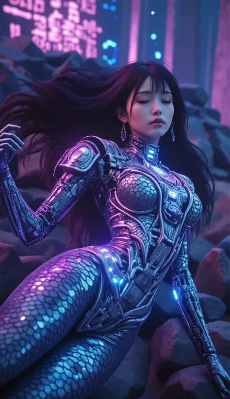 Sleeping Siren，Futuristic，Neon wireframe vision，The flowing neon blue and pink purple halo surrounds，The mechanical mythical creature，is rich in detail，showing the perfect fusion between mechanical scales and soft skin。She sleeps quietly in the ruins of a ...