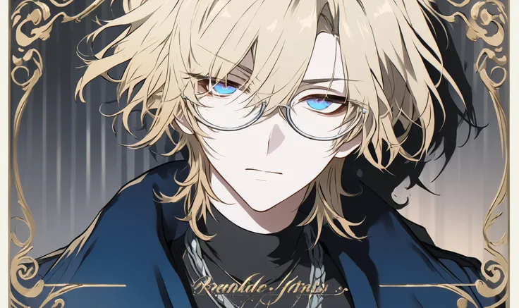 1male, bust, refined, anime-style, male character, androgynous, pale skin, short blonde hair, messy bangs, vivid crystal blue eyes, oval-shaped thin rimmed glasses, calm expression, raised eyebrow, slightly confused face, gentle expression, slightly melanc...