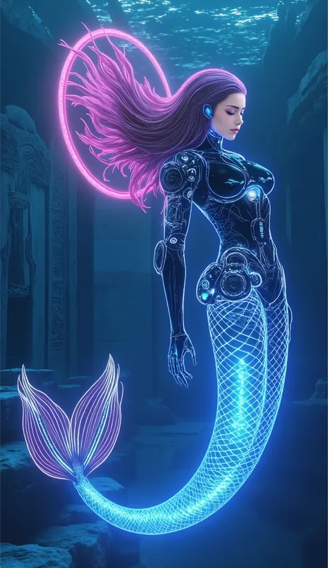 Sleeping Siren，Futuristic，Neon wireframe vision，The flowing neon blue and pink purple halo surrounds，The mechanical mythical creature，is rich in detail，showing the perfect fusion between mechanical scales and soft skin。She sleeps quietly in the ruins of a ...