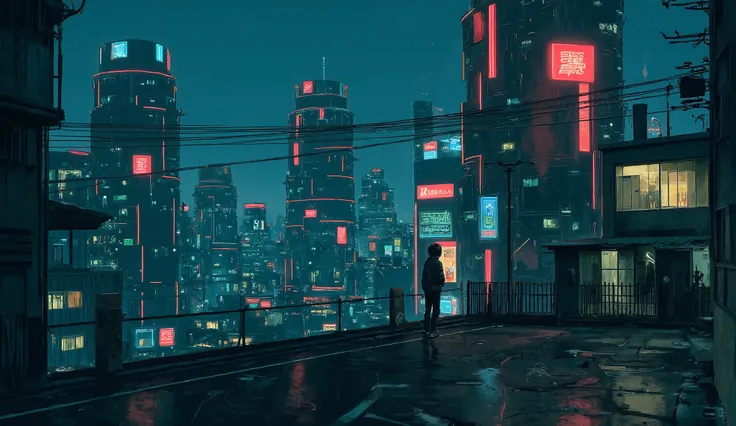 a digital painting of,in the style of simon-stalenhag,Illustration,ArsMJStyle , vaporwave,“Cinematic rooftop view of Neo-Tokyo at night, seen from a tall skyscraper. A single person stands at the edge, shown only as a black silhouette, facing the neon-lit ...