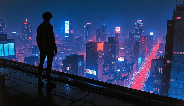a digital painting of,in the style of simon-stalenhag,Illustration,ArsMJStyle , vaporwave,“Cinematic rooftop view of Neo-Tokyo at night, seen from a tall skyscraper. A single person stands at the edge, shown only as a black silhouette, facing the neon-lit ...