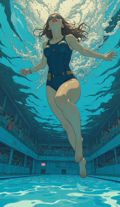 Picture of a woman in a navy blue competition swimsuit swimming underwater, Competition Pool、oil painting big splash, Eric Zener にインスパイアされた, Eric Zener 、 by Erik Zener , painting of splashes water, smooth Eric Zener 、 by Erik Zener , Eric Zener ・アイクト・ア...