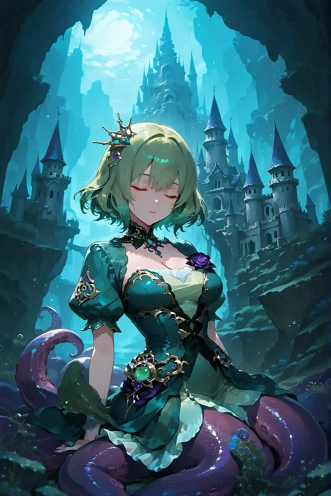 Scylla-style girl. Green hair. Short hair. Sleeping. Black corsage hair accessory. Green dress. Purple tentacles. Leaning. Undersea scenery. Sharp rocks. Castle.