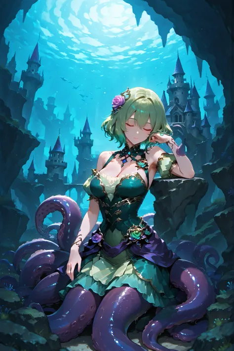 Scylla-style girl. Green hair. Short hair. Sleeping. Black corsage hair accessory. Green dress. Purple tentacles. Leaning. Undersea scenery. Sharp rocks. Castle.