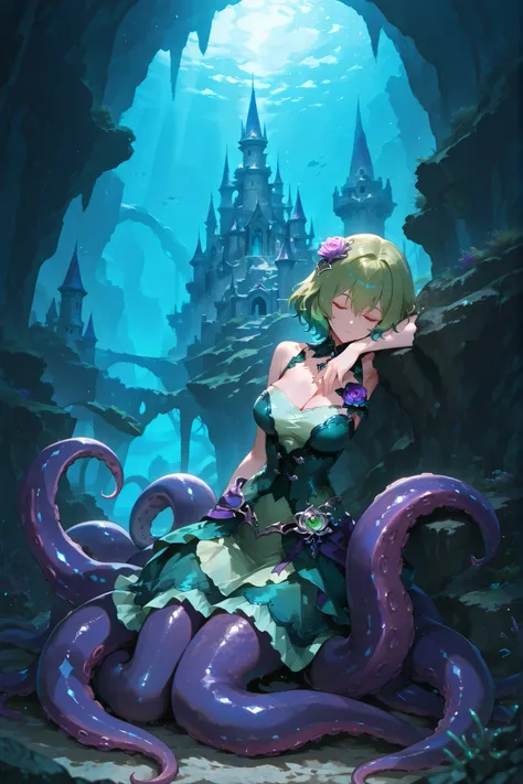 Scylla-style girl. Green hair. Short hair. Sleeping. Black corsage hair accessory. Green dress. Purple tentacles. Leaning. Undersea scenery. Sharp rocks. Castle.