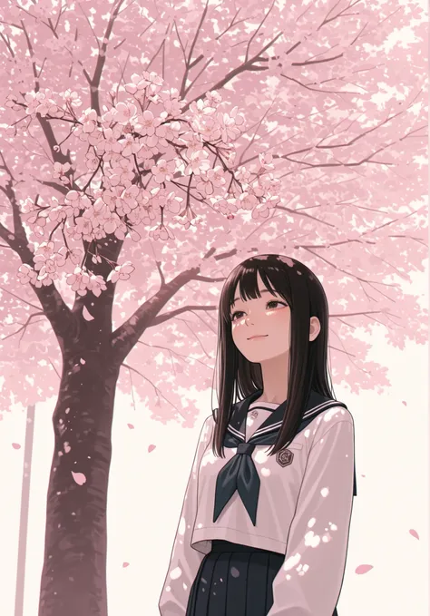 masterpiece, best quality, soft colors, 1girl, japanese girl, black straight hair, brown eyes, wearing school uniform, standing under cherry blossom tree, petals falling, gentle smile, calm expression, soft lighting, anime style, spring atmosphere, simple ...