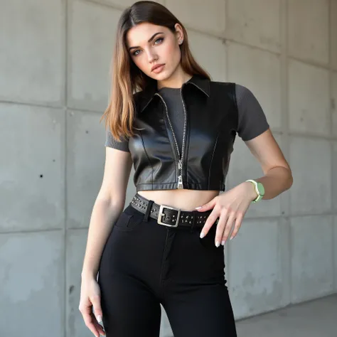 photoreal full-body shot of a pale-skinned white European Caucasian woman with piercing ice-blue eyes, sharp black eyeliner, and sleek shoulder-length brunette hair parted to the side; she wears a tight cropped black leather bolero vest with a sculpted fit...