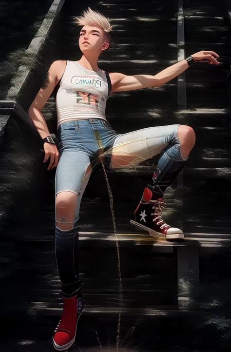 Slim boy 1boy, wearing (a pair of washed-out skin tight jeans-shorts:1.8), (black extra high x-hi converse knee-high sneakers:1.8) (legs spread, medium length), (front view), (peeing self:1.8), (pee stain:1.2), (peeing:1.8) (dynamic angle, sitting pose:1.2...