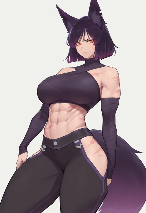 gorgeous kitsune girl, beautiful face, kitsune, black purple gradient hair color, hunter girl, orange eyes, slit pupils, personalami style, volputrous body, giant breasts, curvy and athletic, fox ears, short hair, bandaged breasts, dark buggy pants with op...