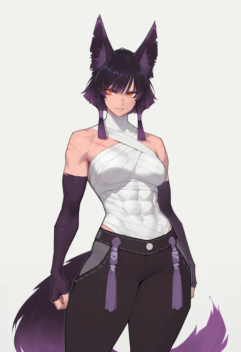 gorgeous kitsune girl, beautiful face, kitsune, black purple gradient hair color, hunter girl, orange eyes, slit pupils, personalami style, volputrous body, medium breasts, curvy and athletic, fox ears, short hair, bandaged breasts, dark buggy pants with o...