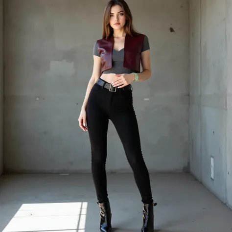 photoreal full-body shot of a pale-skinned white european woman, sharp black eyeliner, piercing blue eyes, sleek shoulder-length brunette hair with side part; wearing a tight cropped burgundy leather bolero vest with angular short sleeves, layered over a r...