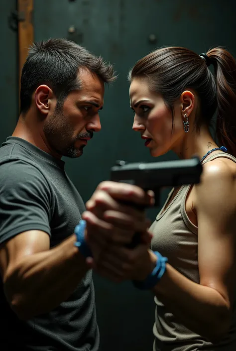Realistic image、realistic photo style、realistic skin texture、Handcuffed man and woman point guns at each other、dramatic images