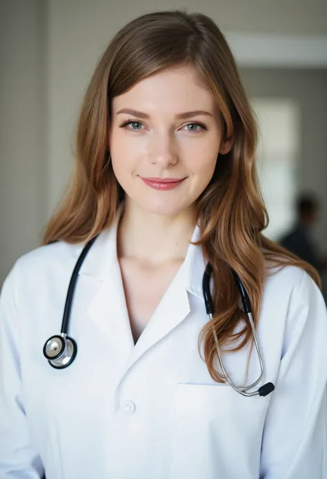 An image of a beautiful young woman wearing a white medical coat, with a stethoscope around her neck. She has long and wavy brown hair, and bright eyes with light makeup that highlights her features. She smiles softly and conveys a sense of trust and profe...