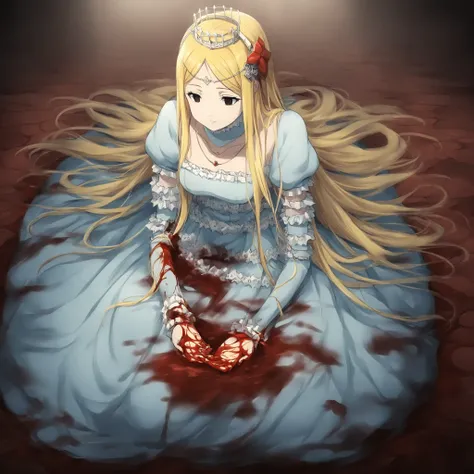 (best quality), (1girl), solo, single character, long hair, parted bangs, hairband, forehead jewel, hair ornament, detached collar, necklace, collarbone, frills, blue dress, puffy sleeves, layered sleeves, elegant, fantasy style, detailed clothing, ornate,...