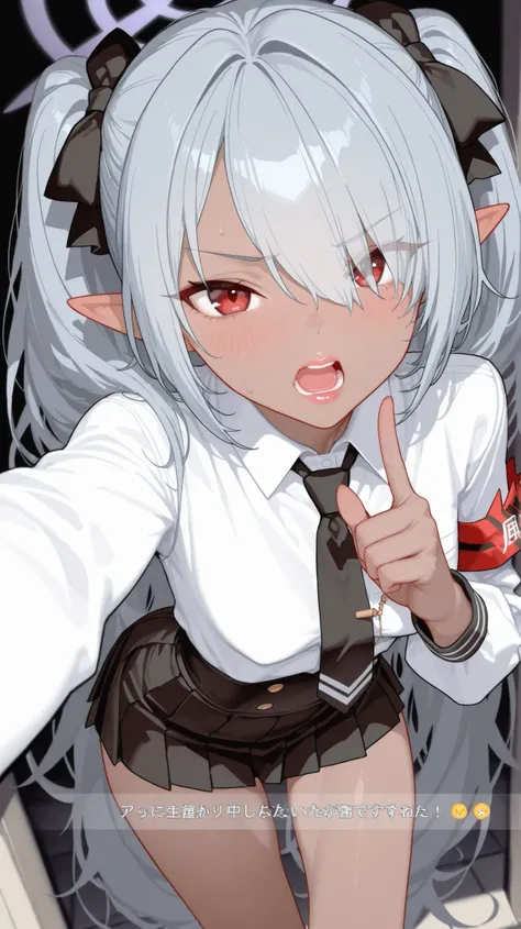 (masterpiece), @bluearchive_official text, high res, 4k, UHD, perfect artwork, 1girl looking at viewer with frustrated face saying "come here sensei!", shouting, cute, small breast, iori(blue_archive), lips, uniform, solo, skinny, perfect lighting, thin cl...