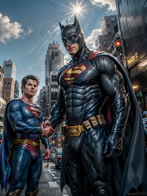 superheros, (boy1: superman) (boy2: batman) shaking hands, detailed facial features, friendly expression, shaking hands with each other, standing in a city street backdrop, skyscrapers in the background, sunlight shining, realistic, photorealistic, 8K, HDR...