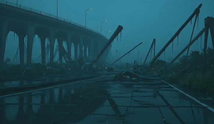 in the style of simon-stalenhag,Drone shot. Wide-angle super telephoto lens. Photorealistic and detailed depictions inspired by the world of Katsuhiro Otomo's "AKIRA." 8K. Overflowing with reality, projected into an ultra-realistic dark space. Realistic li...