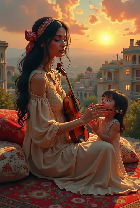 created a painting with oil painting with huge details , In the style of the artist Leonardo Davinci , In the era of the European renaissance , A fully detailed painting of an Arab woman sitting on the roof of the house on an Arabic carpet holding a violi...