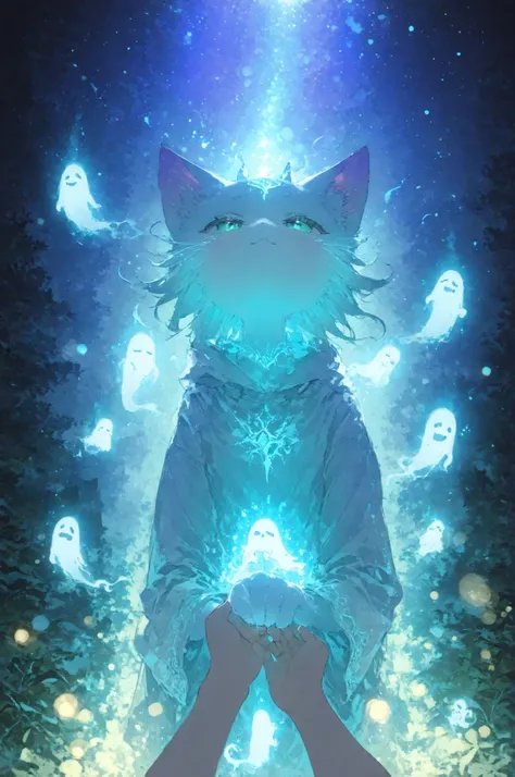 Two people holding hands、cat silhouette on the tip of their hand、 Ghostly Presence 、 dragon-like creature、and a ray of light comes up、Magicalな光景手をつないだ人物, facial expressions,kind,Warm,family,like,sincerity,Cat's Shadow,The appearance of a ghost,The appearan...