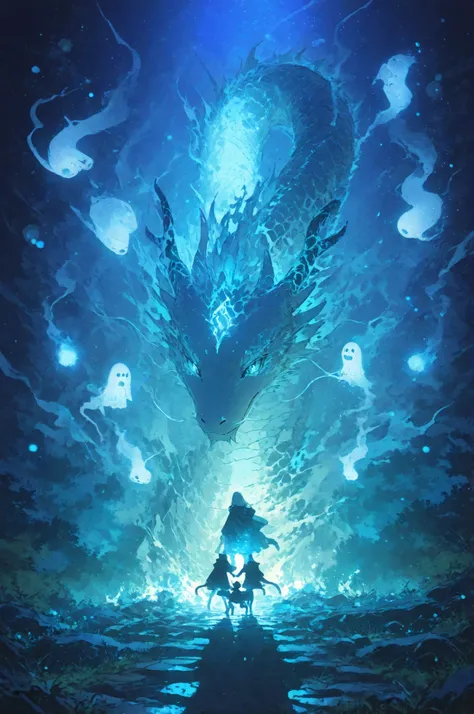 Two people holding hands、cat silhouette on the tip of their hand、 Ghostly Presence 、 dragon-like creature、and a ray of light comes up、Magicalな光景手をつないだ人物, facial expressions,kind,Warm,family,like,sincerity,Cat's Shadow,The appearance of a ghost,The appearan...