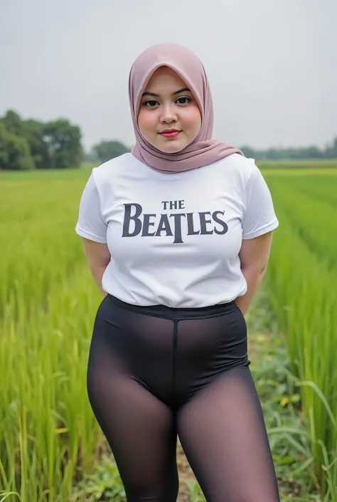 Just Front photo, wear a loose drop Looks like a little rubber panties pastel translucent (black) leggings closed my center, Tetek besar melayut, hijab hijab hijab  hijab, (photorealistic:1.6), background rice paddy. daytime atmosphere, don't put any rope!...