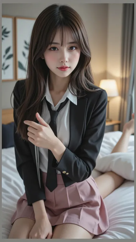 ((masterpiece, top quality, high definition, Ultra-fine)), Japanese High School Student,(realistic:1.5)、Smile Yan、Pink Areola、closed mouth、 Sharp Mouth、shiny lips 、Long hair in the book ,(Beautiful Black Hair:1.2)、College Uniform,( Black Blazer ,necktie, D...