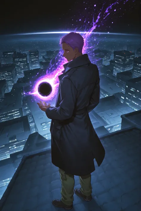 {1men}:(a dark-skinned boy, purple eyes, with an aura of stars looking like constellations, wearing a black coat and cargo pants, holding a black hole in his right hand, as if it were a power, while the other is in his pocket), (rooftop of a building, soft...