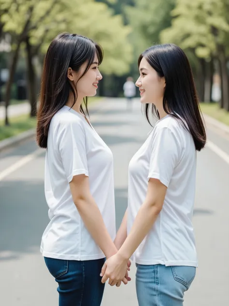 Two young Japanese women holding hands while walking on a path. One woman has long straight black hair reaching past her shoulders, while the other has short black hair cut in a bob style just above the chin. Both women are smiling at each other. They are ...