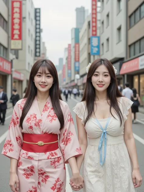 Hand,Perfect hand,Detailed hand,Two Japanese women walk hand in hand on a busy Tokyo street. One woman wears a pink floral kimono with a red obi sash, while the other woman wears a white lace dress with a blue ribbon. Both women have long black hair styled...