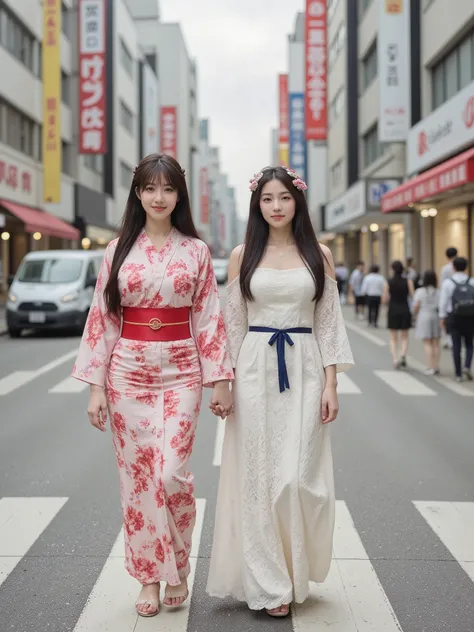 Hand,Perfect hand,Detailed hand,Two Japanese women walk hand in hand on a busy Tokyo street. One woman wears a pink floral kimono with a red obi sash, while the other woman wears a white lace dress with a blue ribbon. Both women have long black hair styled...