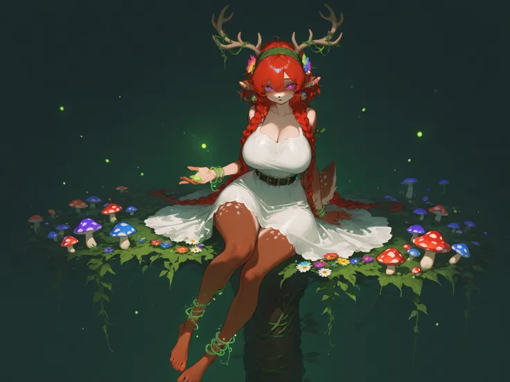 a female dryad,furry deer. She is tall, has huge breasts, wide hips and long legs. She has purple-red eyes. She has tanned skin covered with freckles. She has longest ginger-red kinky hair,some strands of hair are braided into sparse braids. She has brown ...