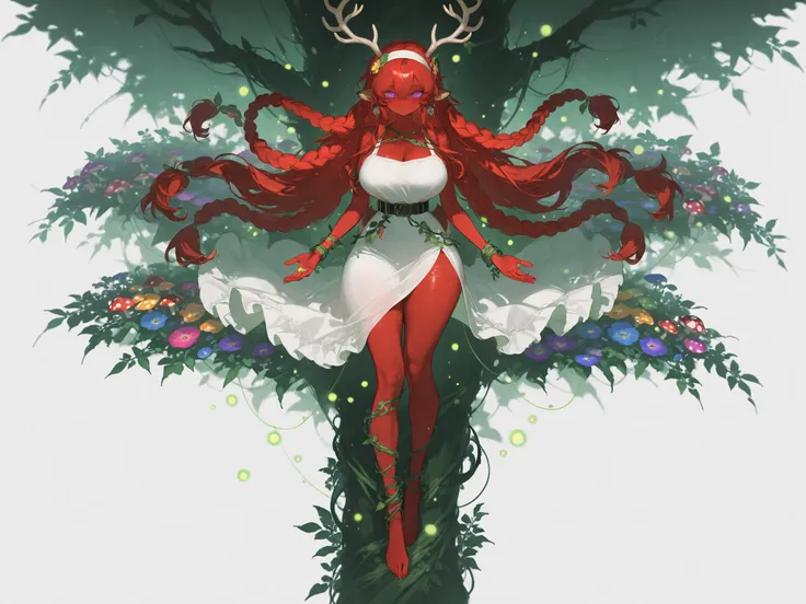 a female dryad,furry deer. She is tall, has huge breasts, wide hips and long legs. She has purple-red eyes. She has tanned skin covered with freckles. She has longest ginger-red kinky hair,some strands of hair are braided into sparse braids. She has brown ...