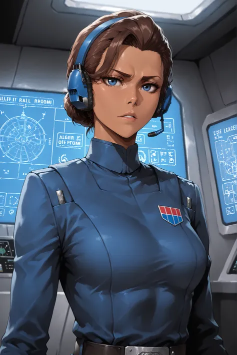 Masterpiece, 1girl, highly detailed, character, Star Wars, beautiful woman, athletic body, smooth facial features, brown hair, low bun, toned, medium breasts, blue eyes, tsurime eyes, alert expression, tanned skin, blue Imperial officer uniform, wearing he...