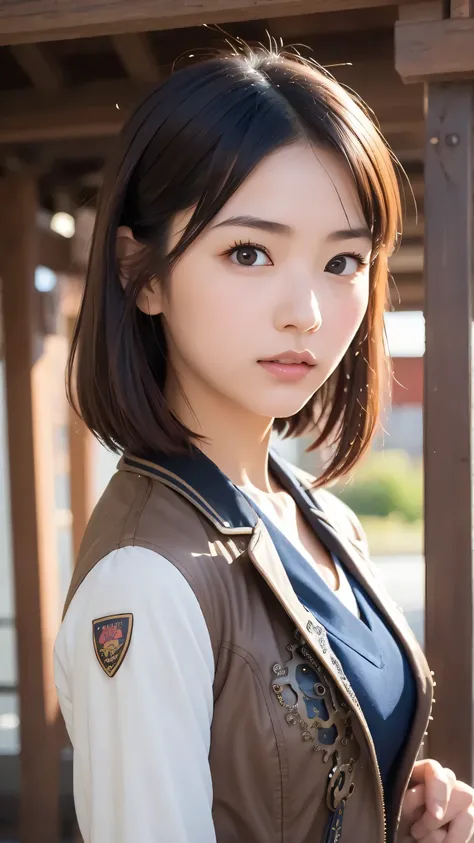 High Accuracy Choice、最High Accuracy Choice、masterpiece、high resolution、1Sunny Girl、cute Japanese girl (1),beautiful girl with dark hair、 viewers、(steampunk, student uniform:1.3) ,standing, (character faces, in front of Safushimi Inari Taisha's torii gate f...