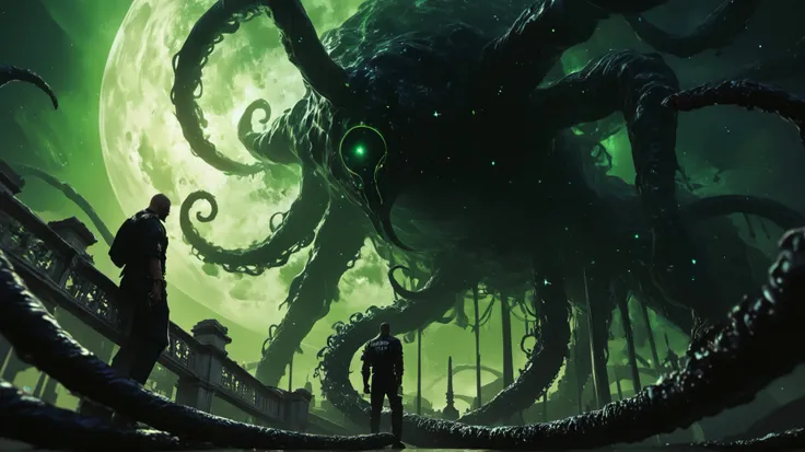A gigantic floating cubic structure with dark , twisted tentacles , who radiates an intense green light from the circular patterns and illuminated eyes embedded in their faces. The scene has a dark and futuristic atmosphere ., with yellowish green lig...