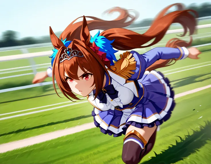 , Highest Quality, very high resolution, ((dynamic pose, motionblur, some background blur, the anime girl is running, intoxicatingly blurry)),
daiwadef, twintails, tiara, horse ears, underbust, center frills, red eyes, bowtie, epaulettes, long sleeves, sk...