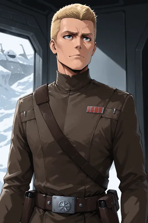 Masterpiece, character, Star Wars, square jaw, cleft chin, blonde hair, crew cut, Imperial Officer uniform, utility belt, upper body shot, Bleach art style,