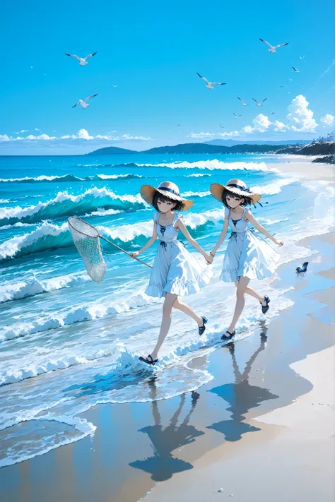 top quality, Photo Quality, 8k Resolution, Girl, Running hand in hand, innocent smile, short hair, Summer Dress, straw hat with bug net, Seaside Promenade , Blue sky and sea, white sand beach, seagulls, wave splashes, Gentle light at dusk, nostalgic atmos...