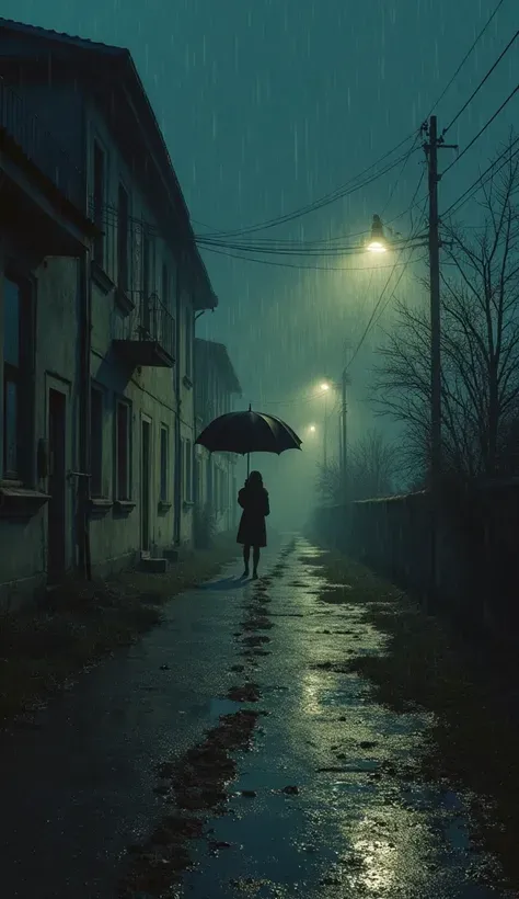 An old Soviet-style house, dark rainy night, only one streetlight flickering, a wide open umbrella floating in the middle of the empty street, casting no shadow. A pair of bare muddy footprints lead to the umbrella.