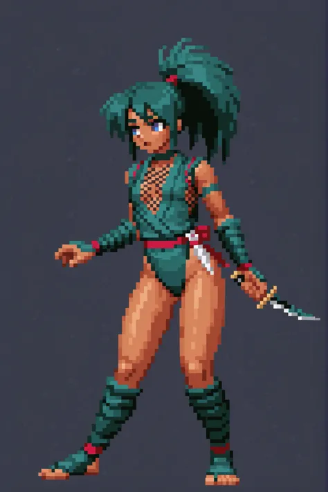 1girl, dark skin, breasts, (long green hair:1.1), blue eyes, kunoichi outfit, dagger, leotard, white background, full body, pixel art, (loli)