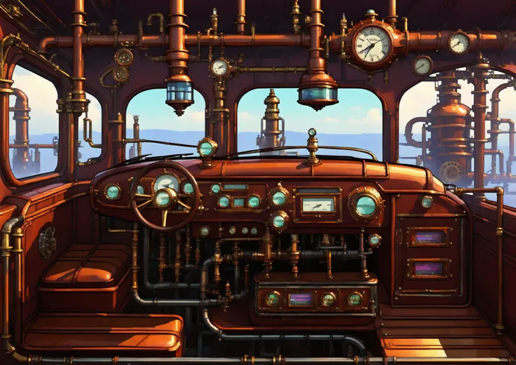 Generate a car cab with radio like outrun in steampunk style/avispa/futuristic