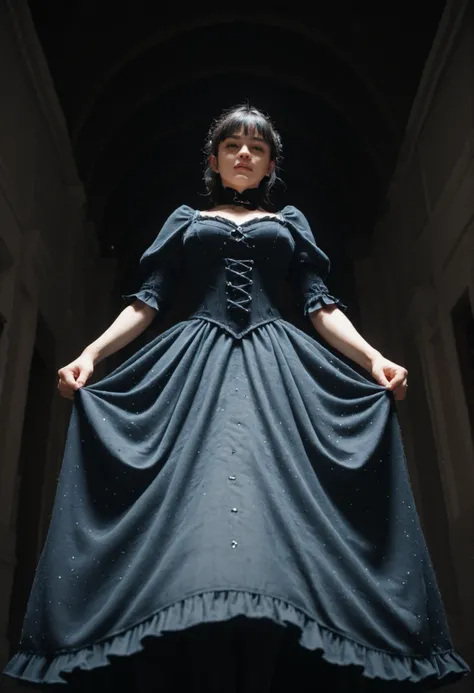 Legs wearing black tights that blend into the shadows