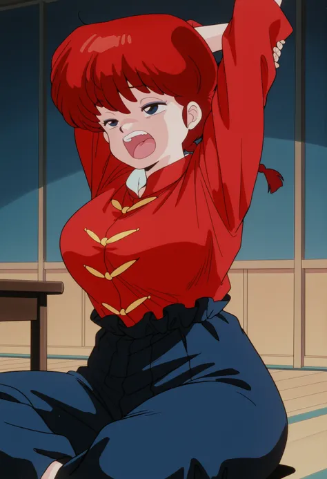  Ranma saotome , cabello rojo, hair with a braid, blue eyes, big breasts, NSFW,  sexy hips, sexy waist, red shirt with yellow buttons, blue pants, Japanese Dojo , expression of tiredness, tired, yawning, open-mouthed, sitting on the floor,  low table , str...