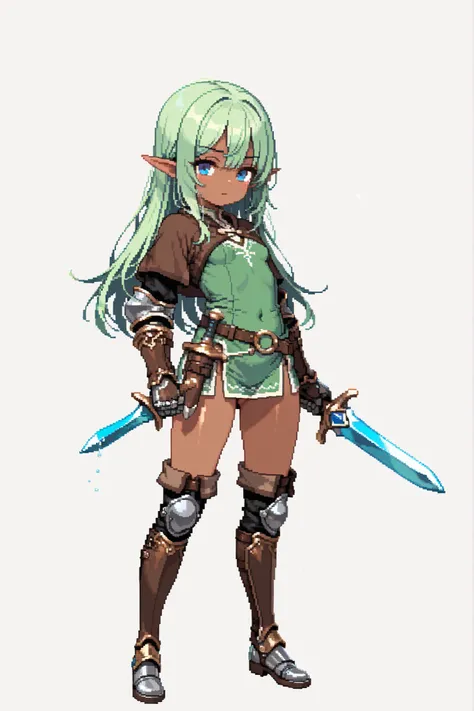 2girl, elf, dark skin, breasts, (long green hair:1.1), blue eyes, brown adventurer outfit, metal boots, gauntlets, white background, full body, pixel art, dagger, (loli)