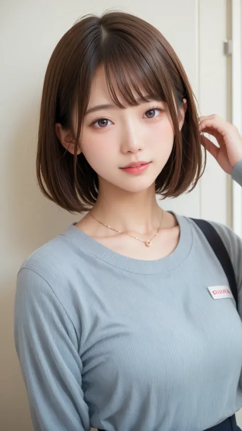 Genuine, nsfw,  high res image ,  masterpiece,  最High Quality ,  High Quality ,  very detailed,  more information,  sharp details,  sharp concentration , professional light ,  Alone,  1 ,  young Japanese woman, 、黒髪、 bob cut )), 、ネックレス、カメラ目線、背景は部屋の中