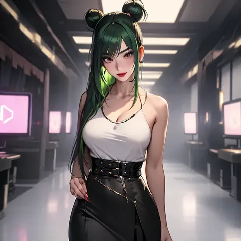 One woman, 22 years old mature alluring japanese gal, alluring face, bad girl look, cool girl, confident smile, Japanese gal, wearing gothic punk top with A-line skirt, black stockings, flat chested, (slender petite body), ((space bun hair with green exten...